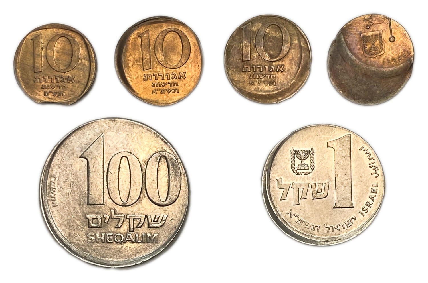 Israel - Lot of 6 coins of 10 Agorot, 1 and 10 Shekels 1980, 1981, 1984 - Mintting Error - Off Center - 1 0