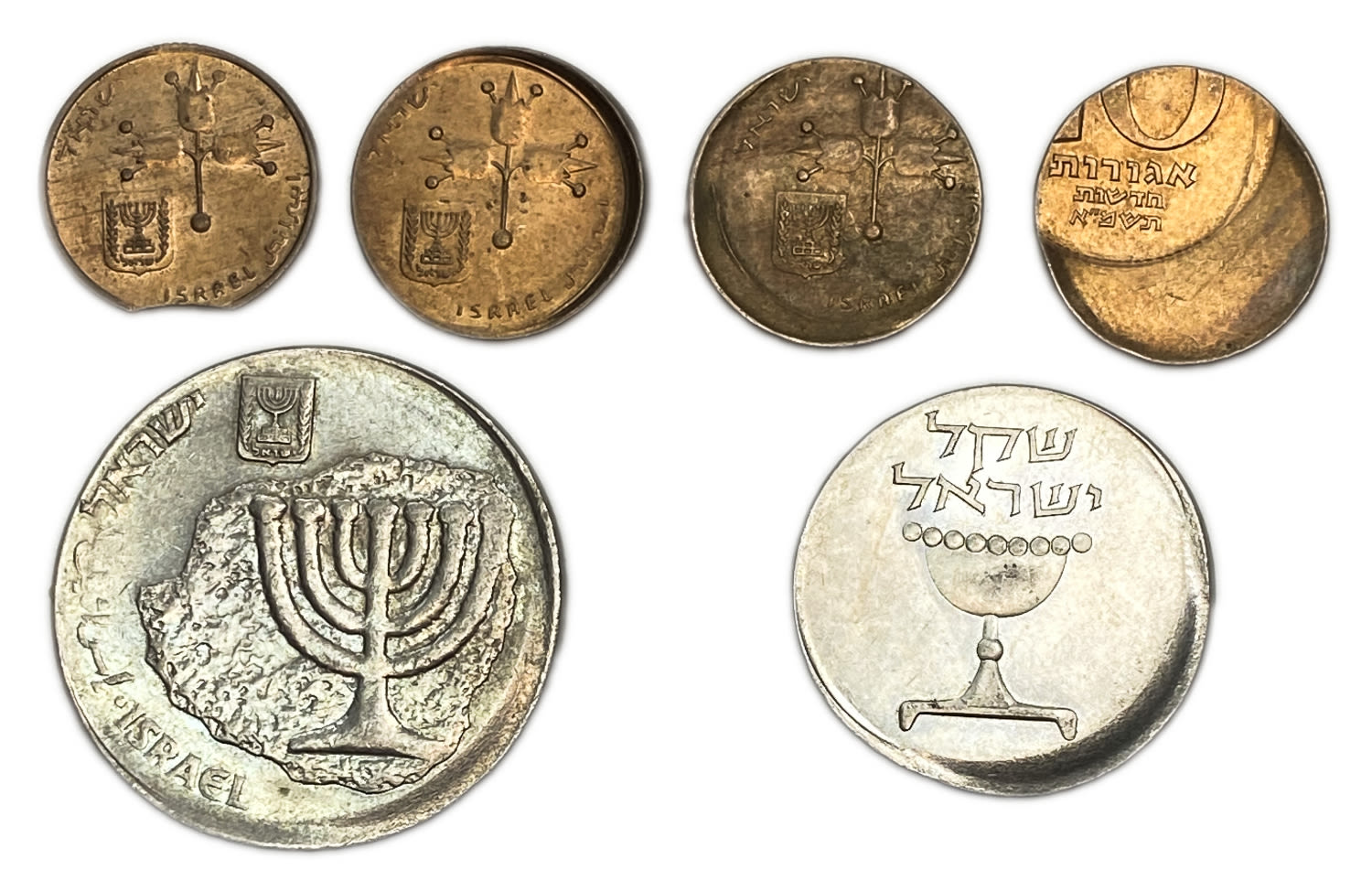 Israel - Lot of 6 coins of 10 Agorot, 1 and 10 Shekels 1980, 1981, 1984 - Mintting Error - Off Center - 1 1