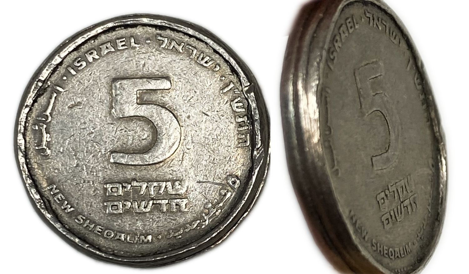 Israel - 5 Shekels 1990 - Mint Error, Strong mintting, Defect margins
Obverse:An image of Levi ... - 1 0