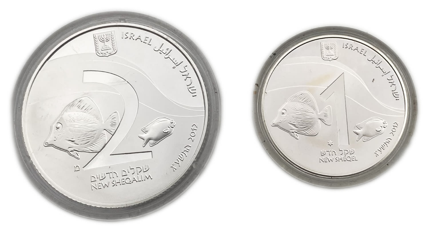 Israel - Pair coins of 1 and 2 Sheqalim 2012 - CORAL REEF, EILAT - Silver 925, 14.4 and 28.8g, 30 and ... - 1 0