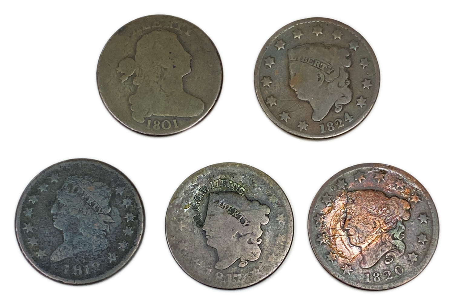 USA - Lot of 5 coins of 1 Cent 1801, 1812, 1817, 1820, 1824 - VG-VF - 1 0