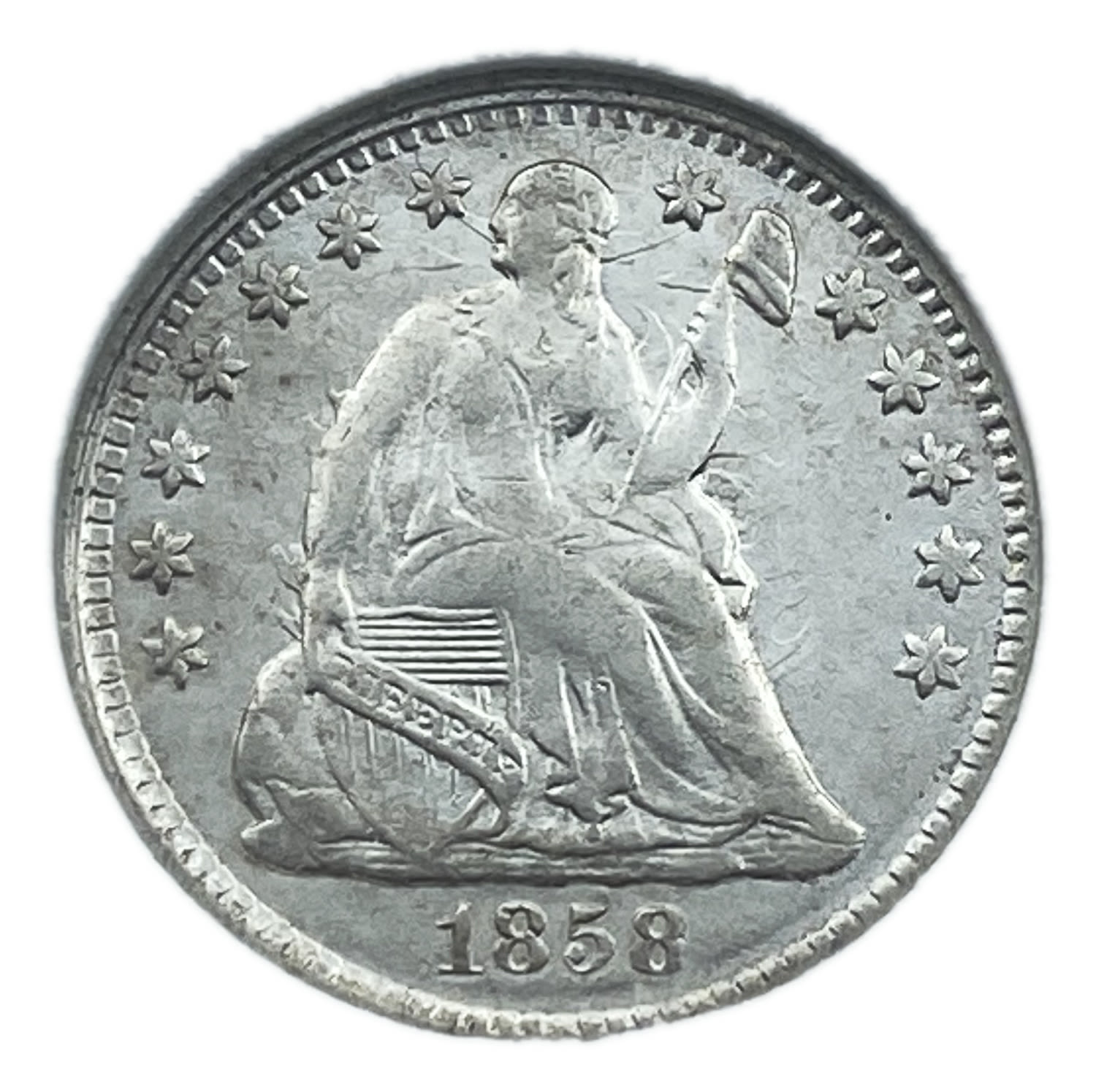 USA - 10 Cents 1858 - AU
Obverse: Seated Liberty looking right above her shoulder, with a cap on a ... - 1 0