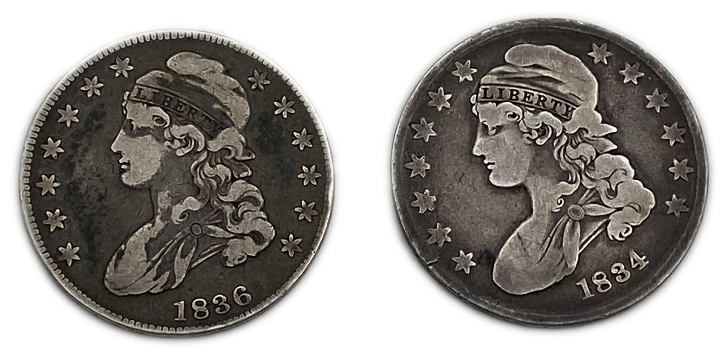 USA - Pair of 2 coins of 50 Cents 1834, 1836 - F
Obverse: The bust of Liberty, facing left wearing ... - 1 0