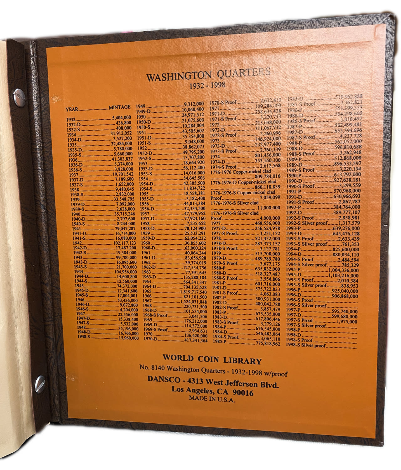 USA - 73 coins of 25 cent 1932-1998 - Are in an album of the Dansco company - Almost all coins are in UNC condition - 1 4