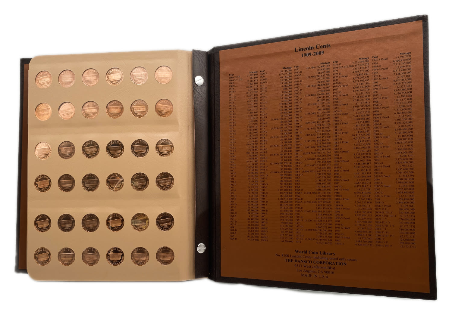 USA - 154 coins 1 cent 1909-2009 - Are in an album of the Dansco company - Almost all coins are in UNC condition - 1 3