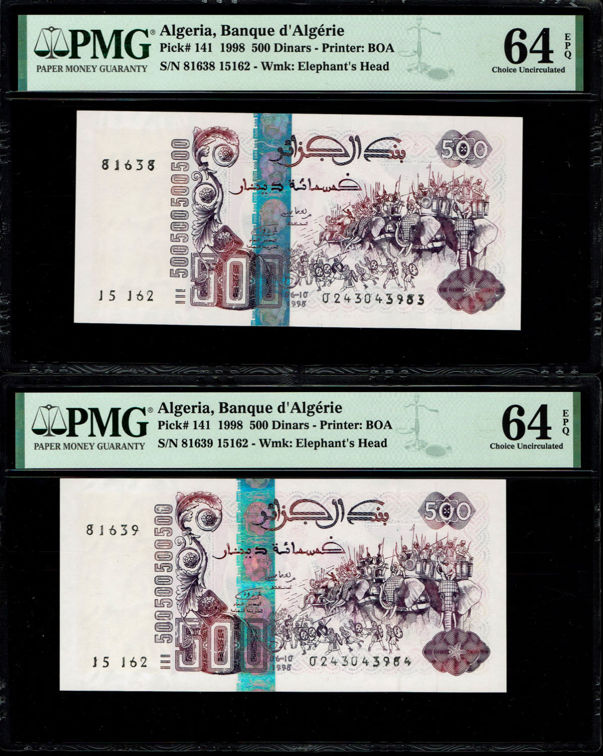 Algeria - 2 Banknotes of 500 Dinars 1998 - Pair of consecutive numbers - PMG 64 EPQ
Obverse: ... - 1 0
