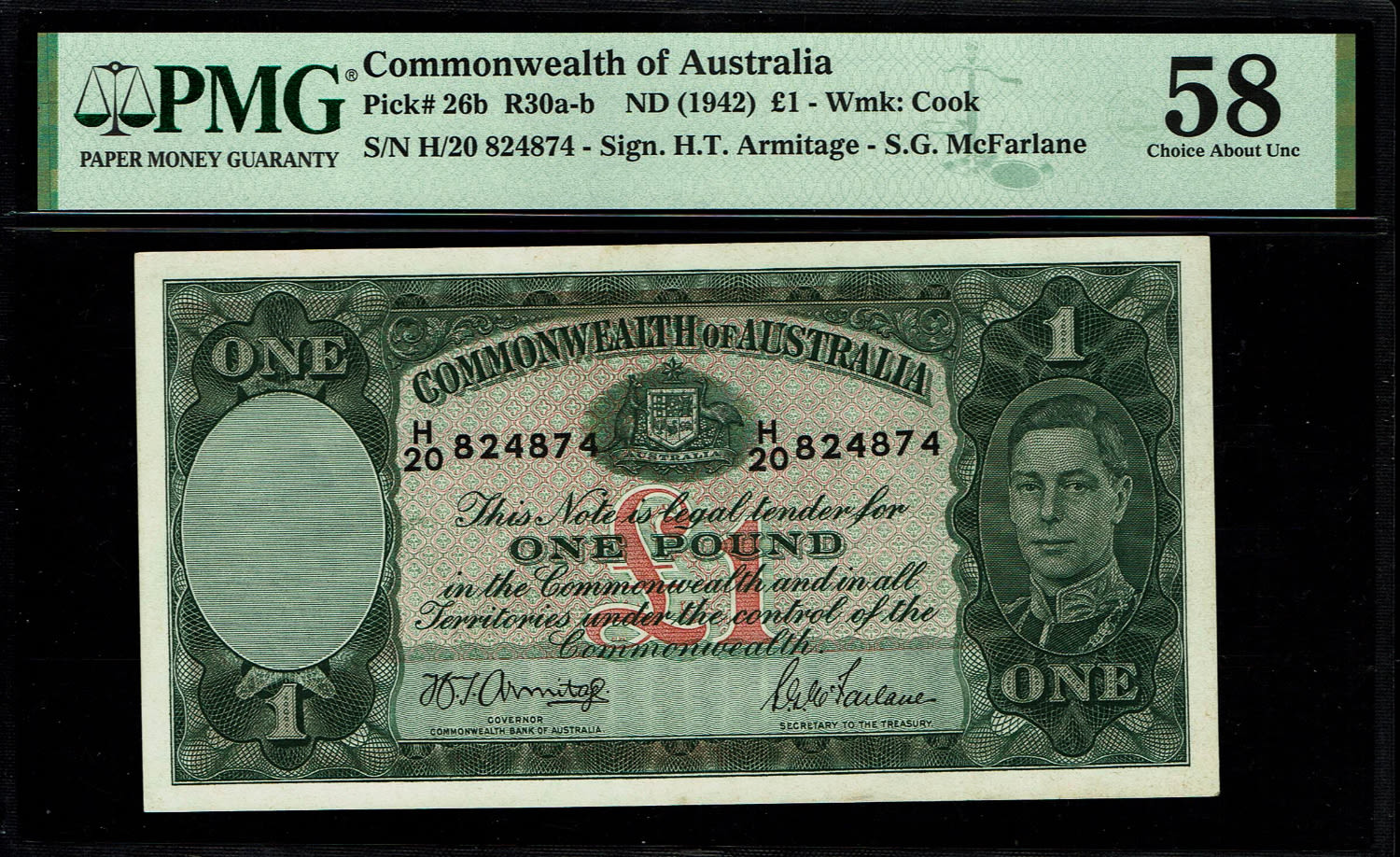 Australia - 1 Pound 1942 - PMG 58
Obverse, George VI at right
Royal Arms of Australia ... - 1 0