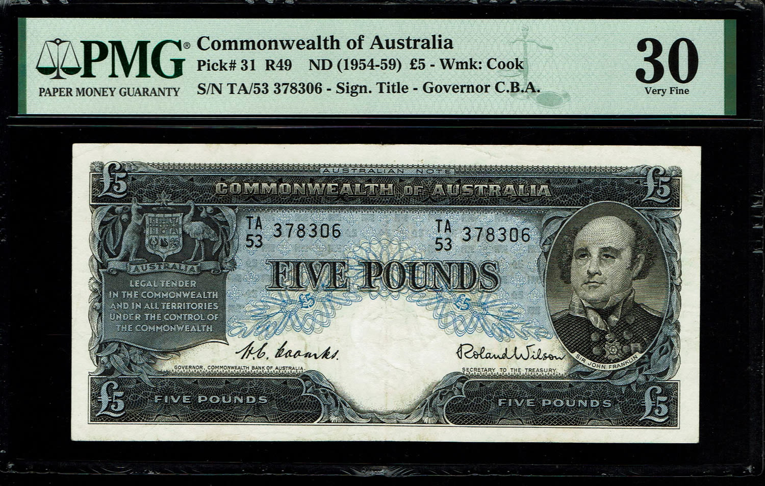 Australia - 5 Pounds 1954-1959 - PMG 30
Obverse: Sir John Franklin at right, Royal Australian Arms ... - 1 0