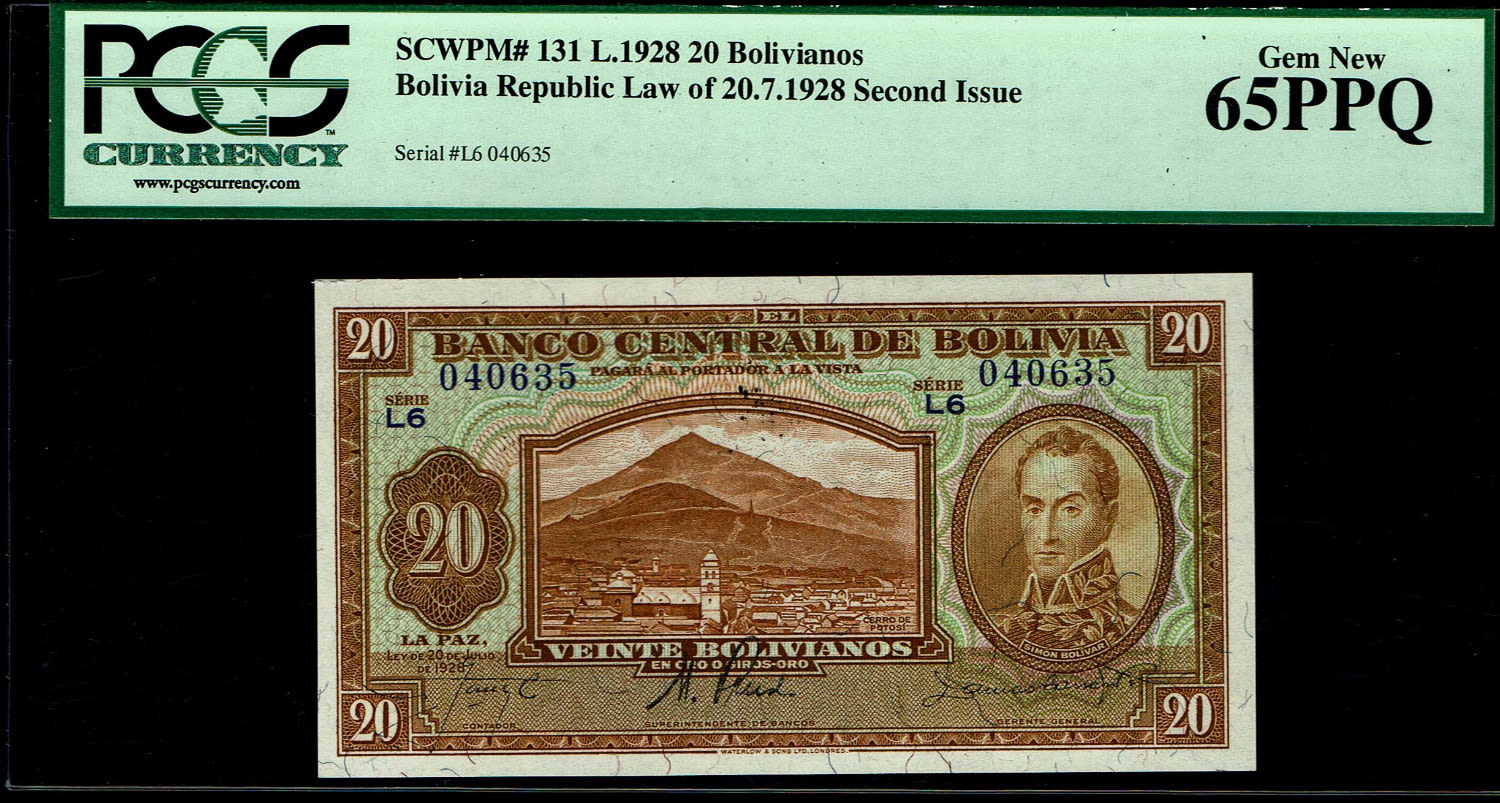 Bolivia - 20 Bolivianos (2 Bolivares) 1928 - PCGS 65 PPQ
Obverse: Center: Potosí ... - 1 0