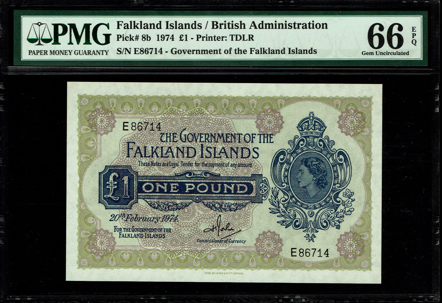 Falkland Islands / British Administration - 1 Pound 1974 - PMG 66 EPQ
Obverse: Elizabeth II at right ... - 1 0