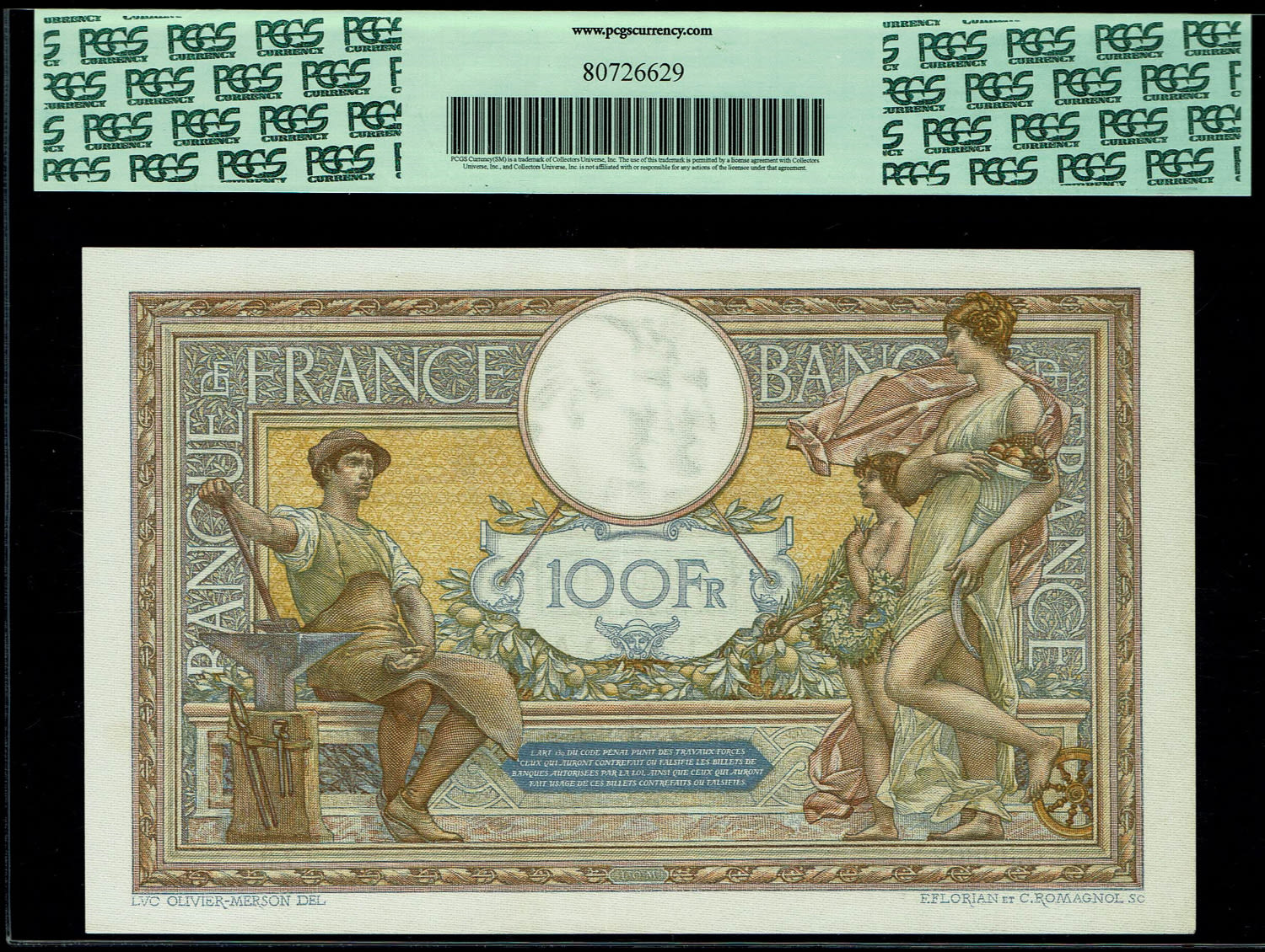 France - 100 Francs 1923 - 1937 - Luc Olivier Merson - PCGS 45
Obverse: Personifications right and ... - 1 1