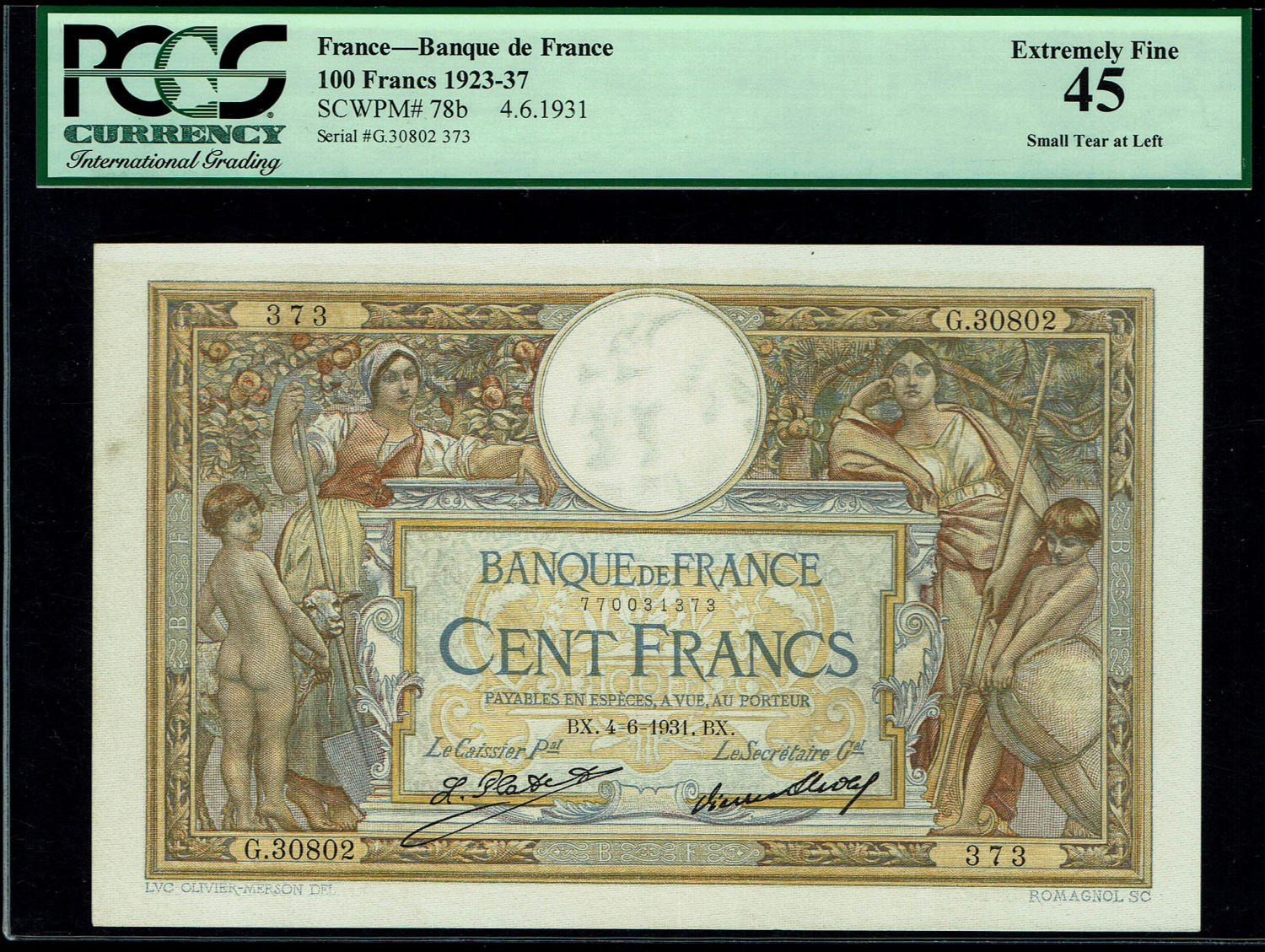 France - 100 Francs 1923 - 1937 - Luc Olivier Merson - PCGS 45
Obverse: Personifications right and ... - 1 0