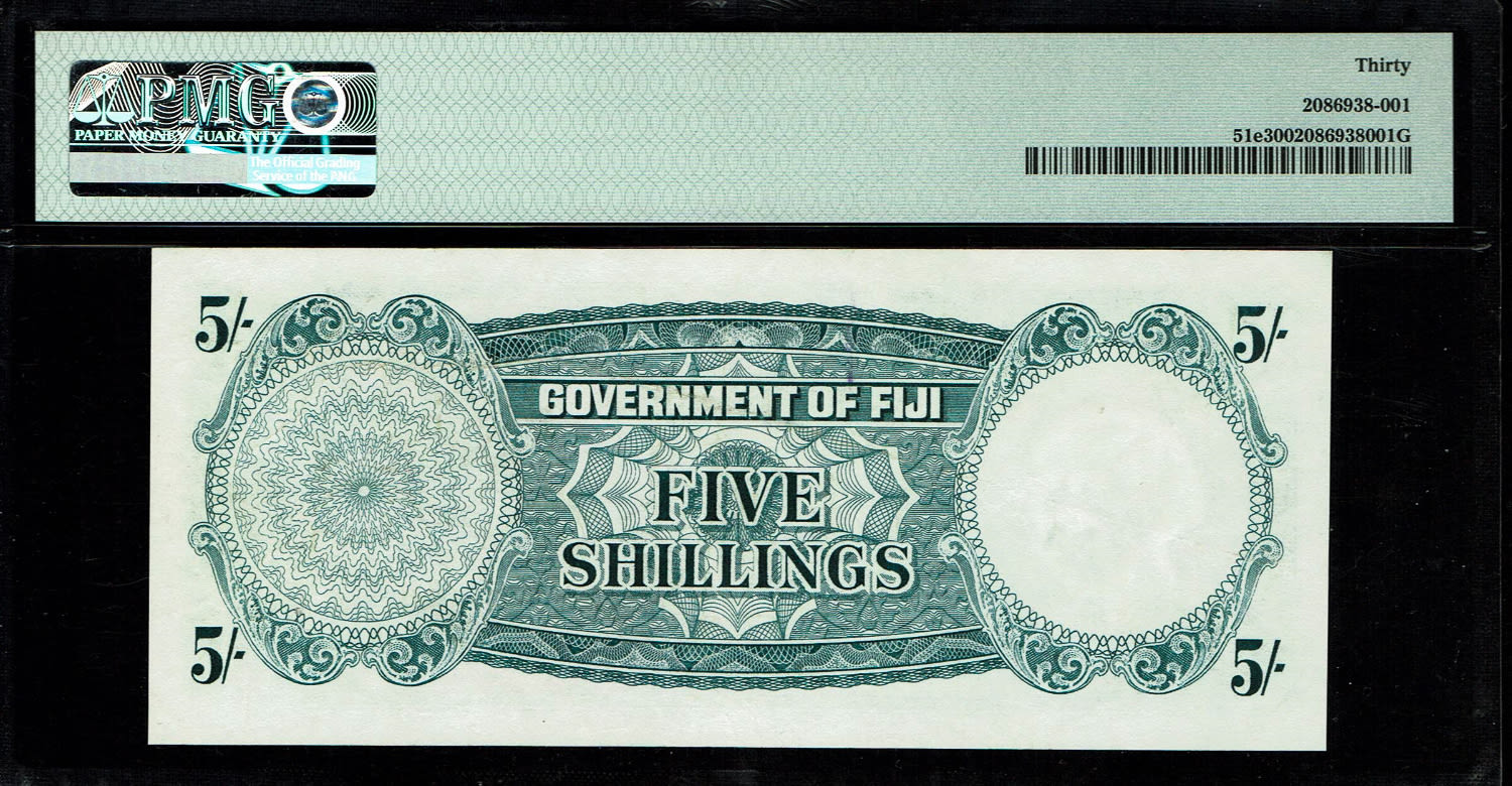 Fiji - 5 Shillings 1965 - PMG 30
Obverse: Portrait of Queen Elizabeth II
Lettering: ... - 1 1