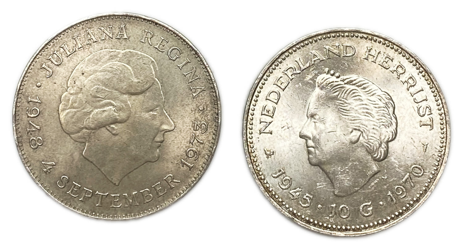 Netherlans - Pair of 2 coins of 10 Gulden 1970, 1973 - Silver 720, 25g each
Commemorative issue ... - 1 0