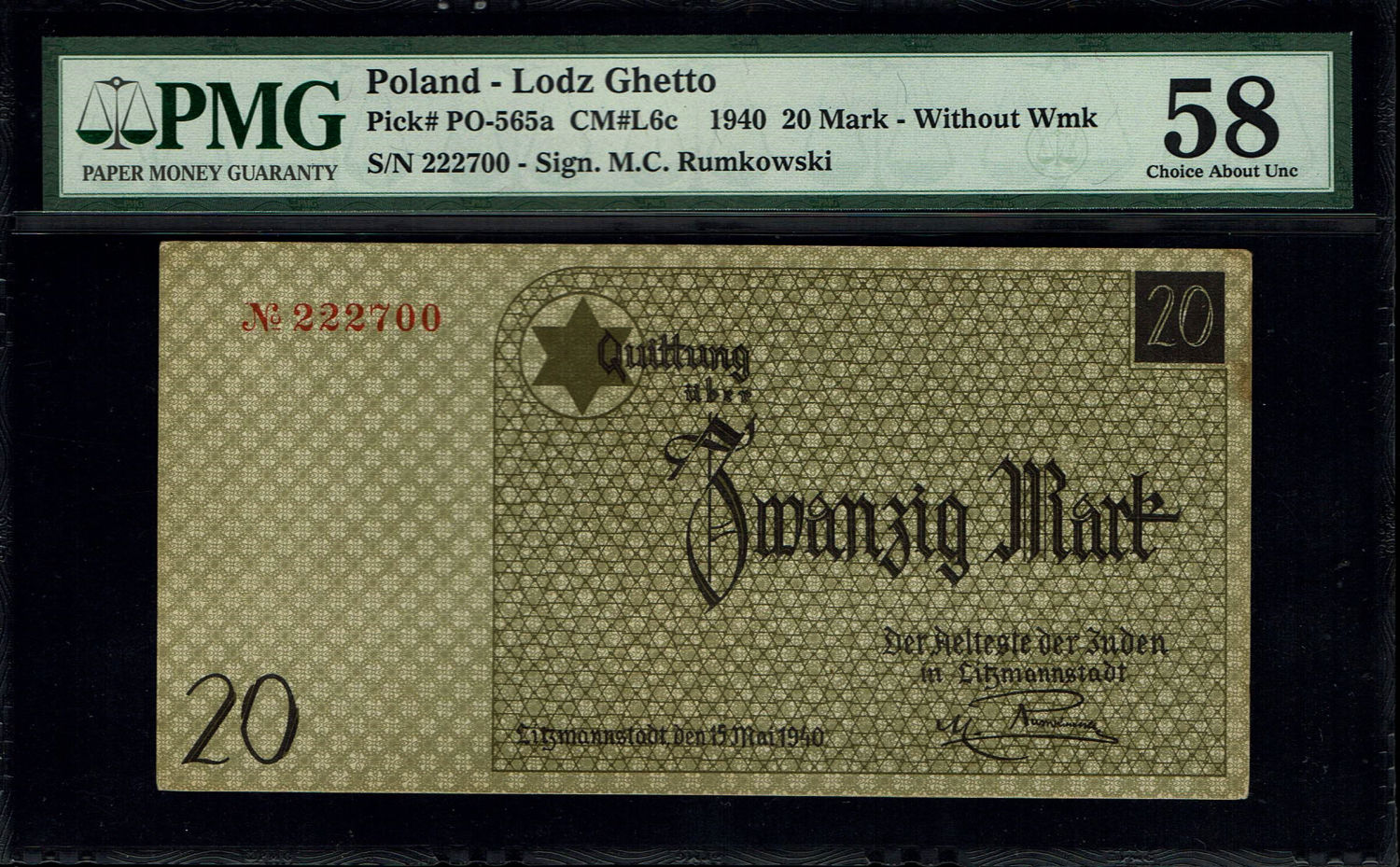 Holocaust concentration camps money - Poland - 20 mark 1940 - ghetto Lodz - PMG 58 - Without water mark
... - 1 0