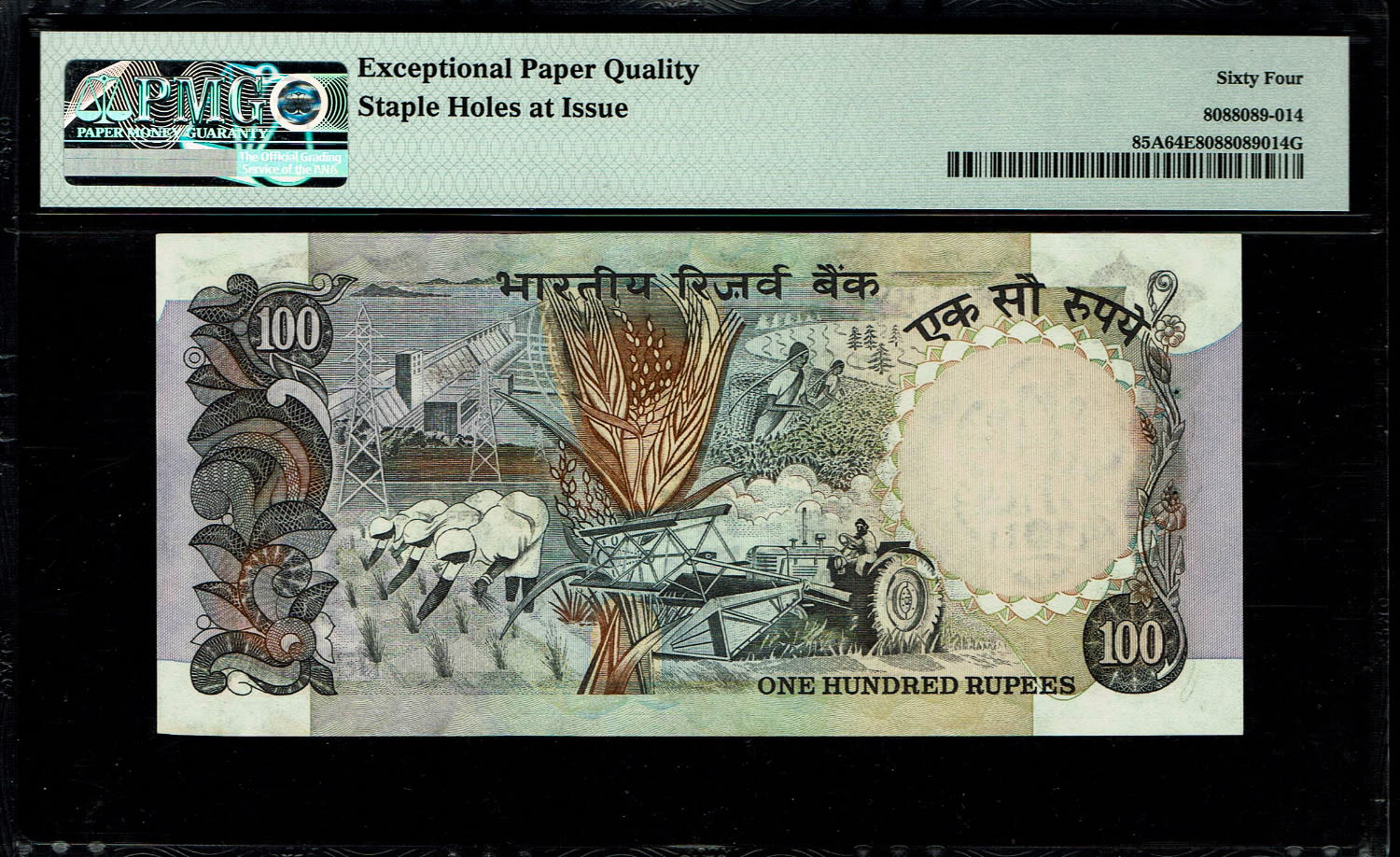 India - 100 Rupees 1975 - PMG 64 EPQ
Obverse: Watermark window at left. Pannel with 13 Language ... - 1 1