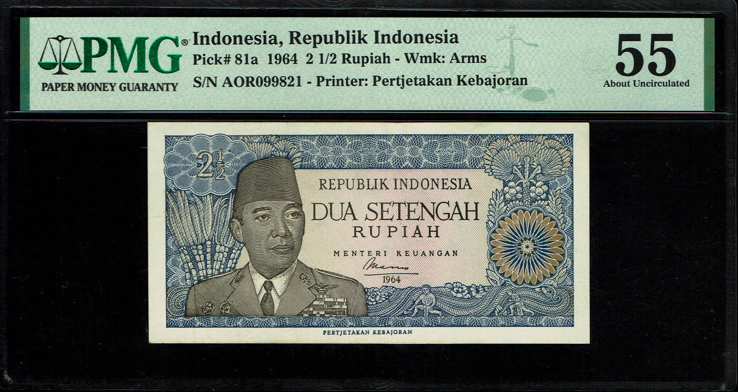 Indonesia - 2½ Rupiah 1964 - PMG 55
Obverse: President Sukarno.
Reverse: Javanese ... - 1 0