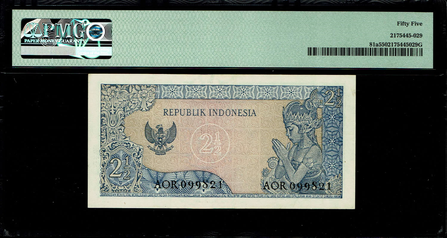 Indonesia - 2½ Rupiah 1964 - PMG 55
Obverse: President Sukarno.
Reverse: Javanese ... - 1 1