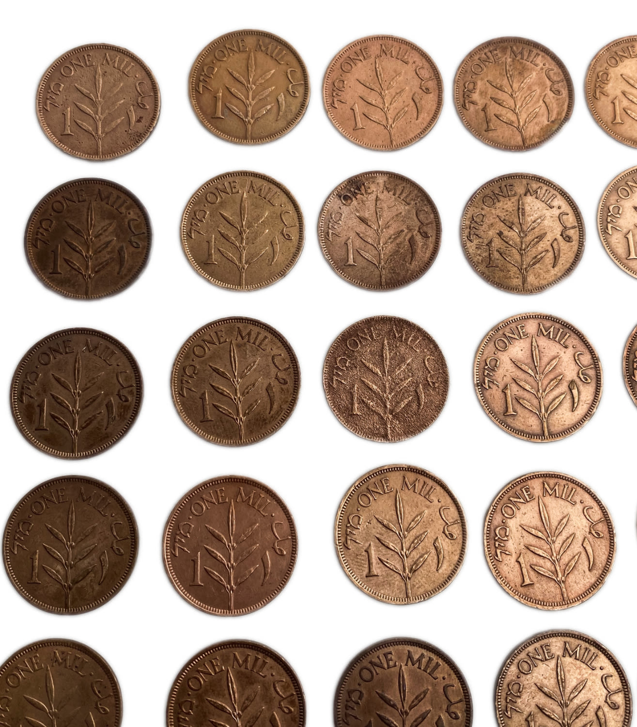 Palestine - Lot of 32 coins, 1 Mil - DIfferent conditions and yeasr
MIL, was the Hebrew ... - 1 3