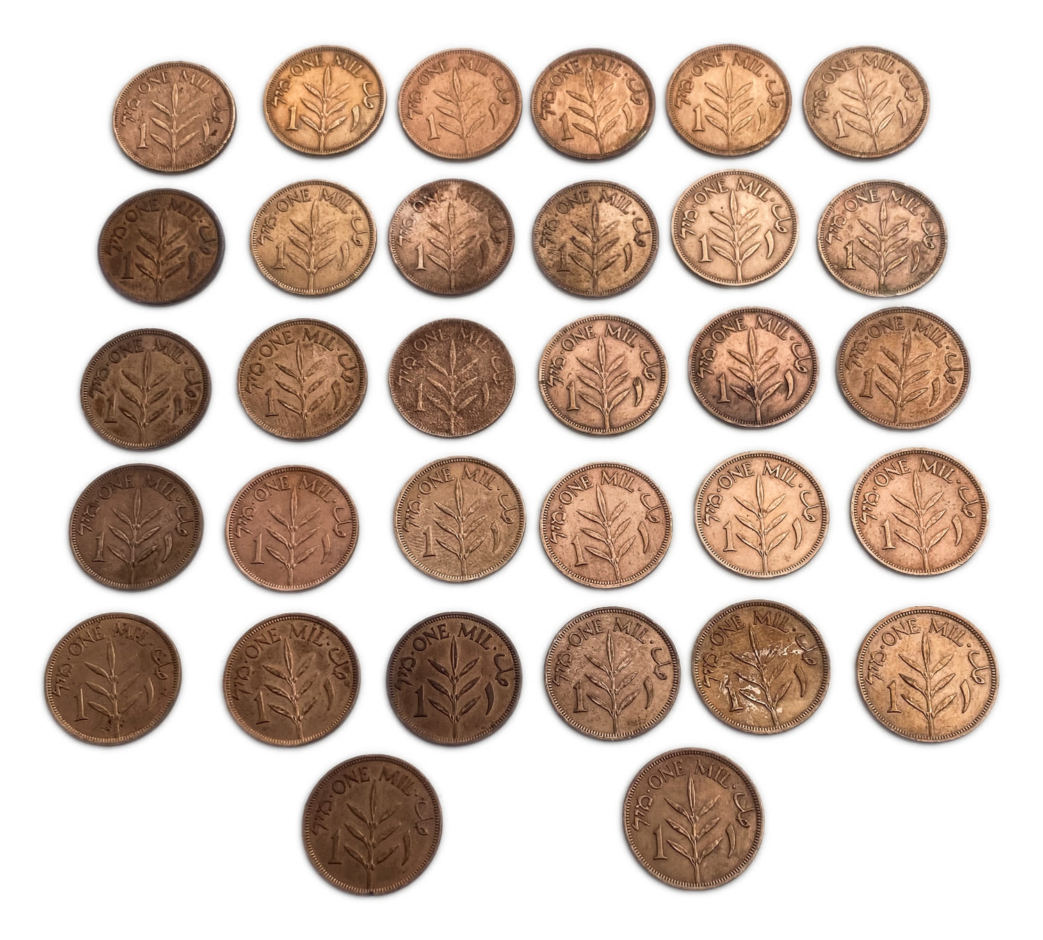 Palestine - Lot of 32 coins, 1 Mil - DIfferent conditions and yeasr
MIL, was the Hebrew ... - 1 2