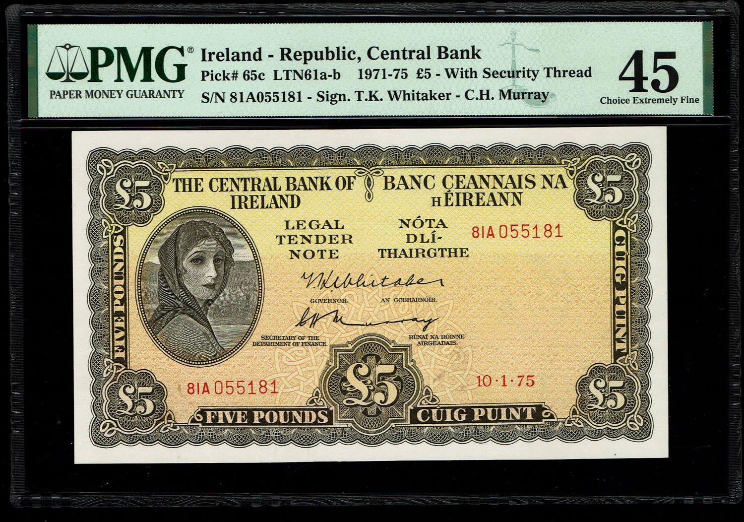 Ireland - 5 Pounds 1971-1975 - PMG 45
Obverse: Lady Hazel Lavery
Reverse: River Lagan spirit - 1 0