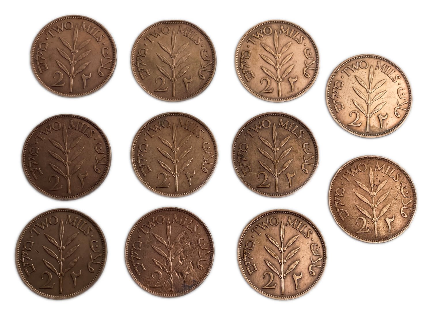 Palestine - Lot of 11 coins of 2 Mils - Different years, were cleaned
MIL, was the Hebrew name ... - 1 1