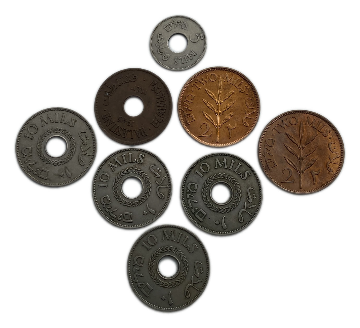Palestine - Lot of 8 coins of 2, 5 and 10 Mils - Different years and conditions
MIL, was the Hebrew ... - 1 1