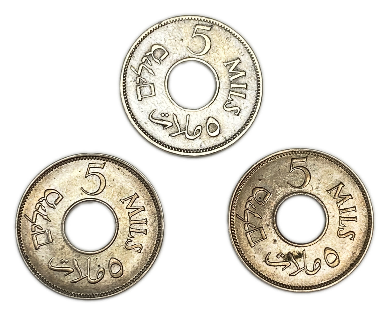 Palestine - Lot of 3 coins of 5 Mils 1934, 1939, 1946 - VF, AU
The British were very strict and very ... - 1 1