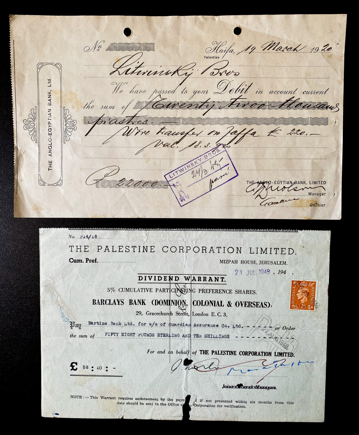 Paper money tokens - Palestine / Land of Israel - Group of 4 checks and dividends from Anglo Palestine Bank - 1 1
