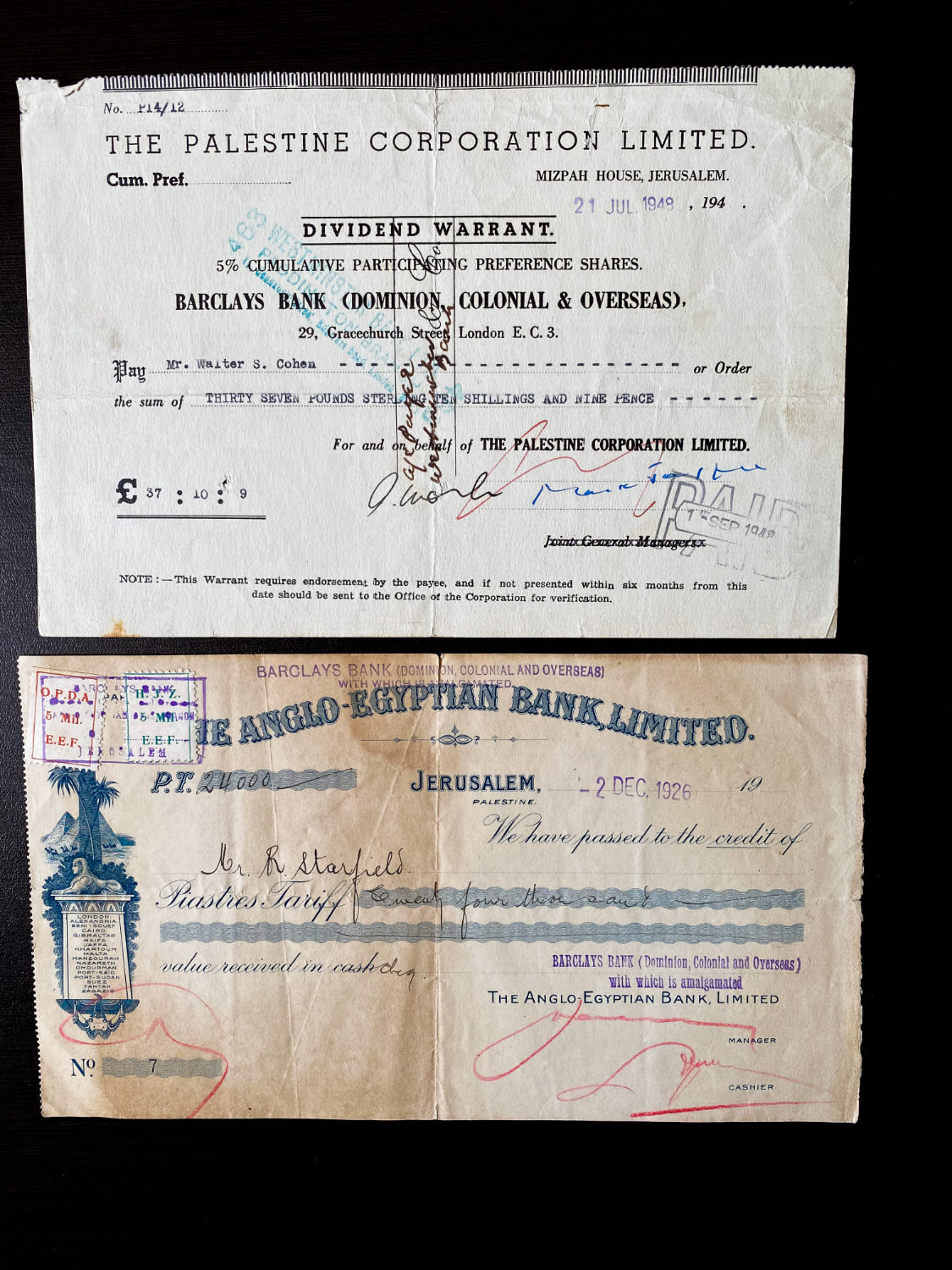 Paper money tokens - Palestine / Land of Israel - Group of 4 checks and dividends from Anglo Palestine Bank - 1 3
