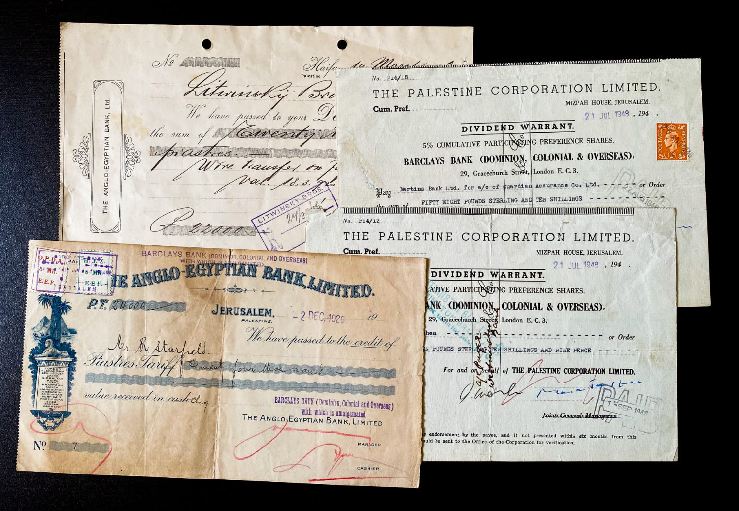 Paper money tokens - Palestine / Land of Israel - Group of 4 checks and dividends from Anglo Palestine Bank - 1 0