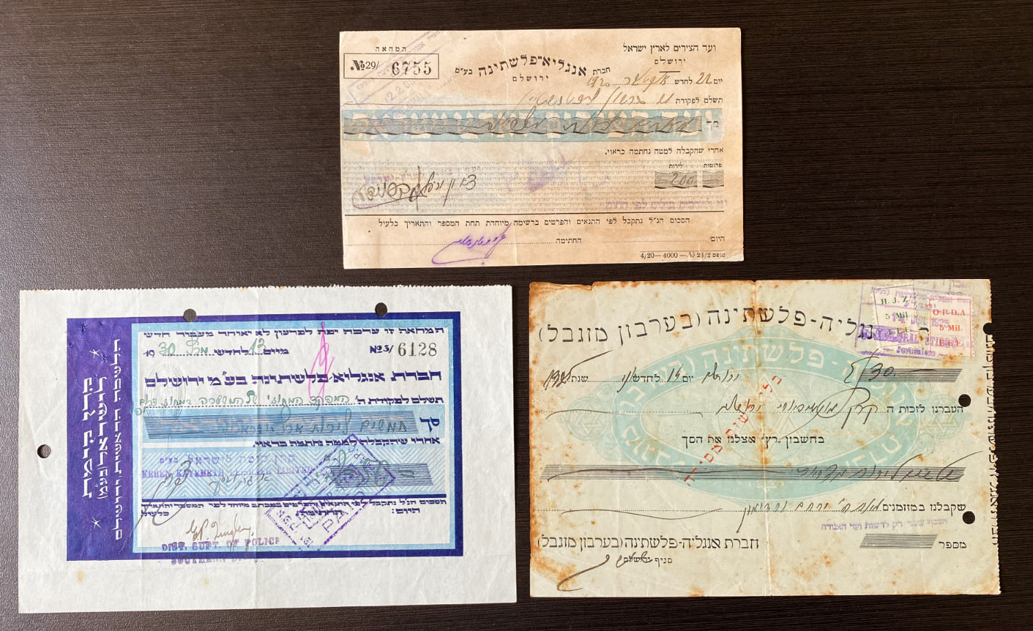 Paper money tokens - Palestine / Land of Israel - Group of 3 checks of Bank Anglia Palestine - Jerusalem - 1920 ... - 1 0