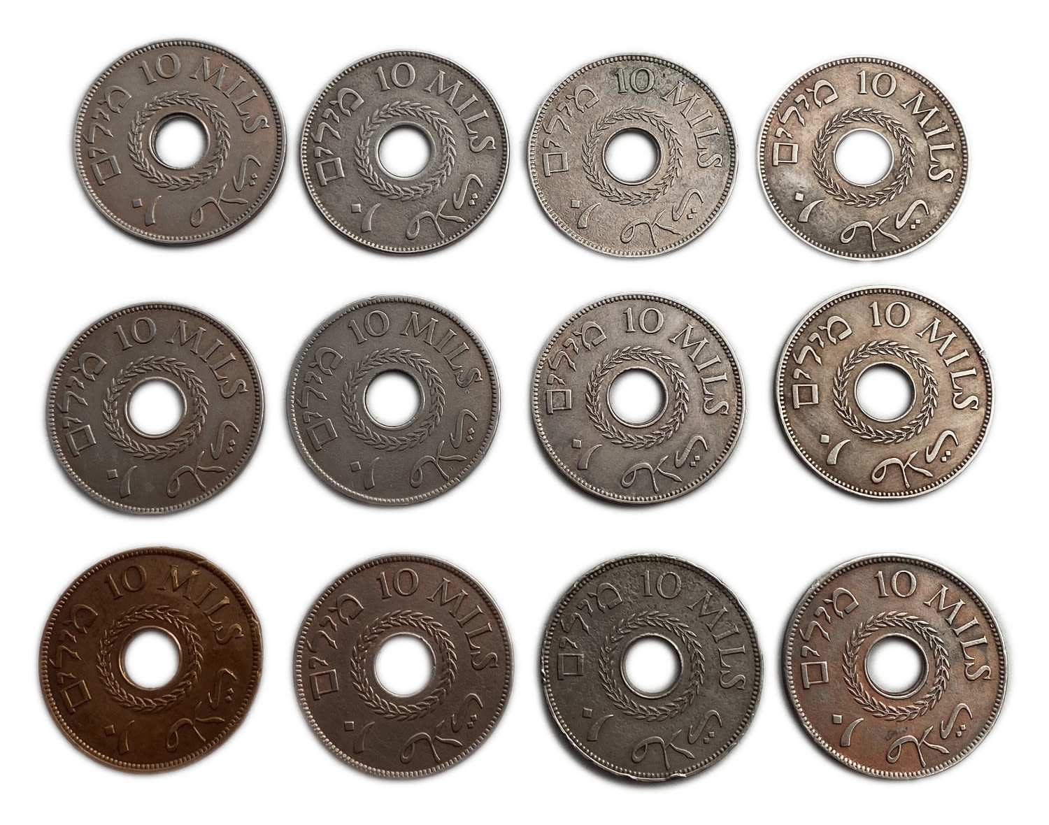 Palestine - Lot of 12 Coins of 10 Mils - Different Years, some were cleaned
MIL, was the Hebrew name ... - 1 1