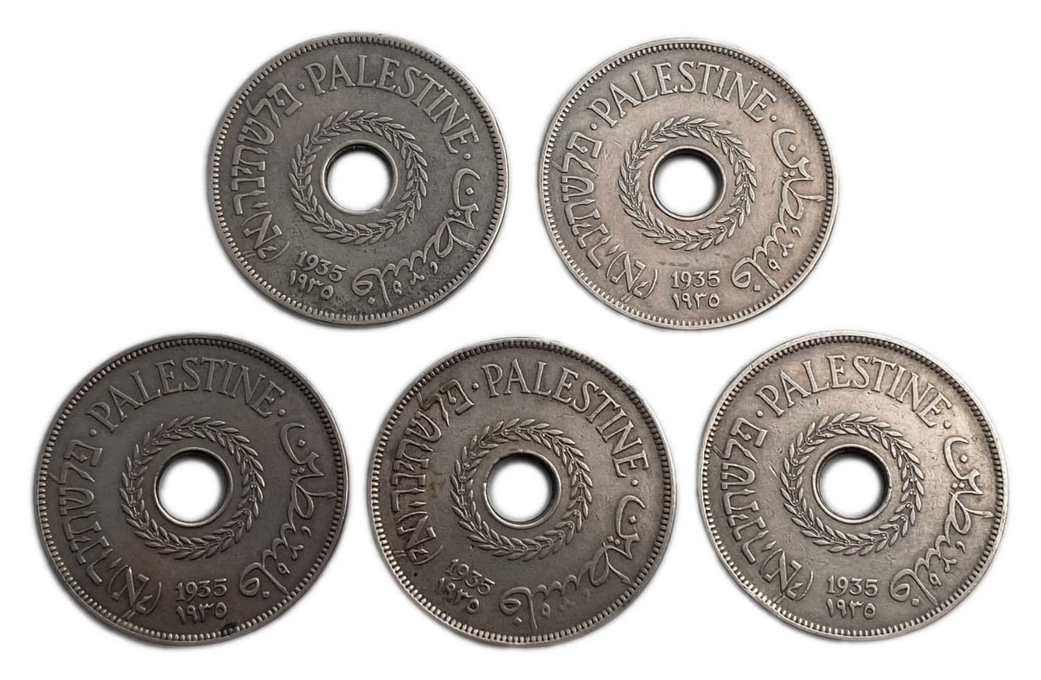 Palestine - Lot of 5 coins of 20 Mils 1935 - VF
MIL, was the Hebrew name of the coin that was legal ... - 1 0