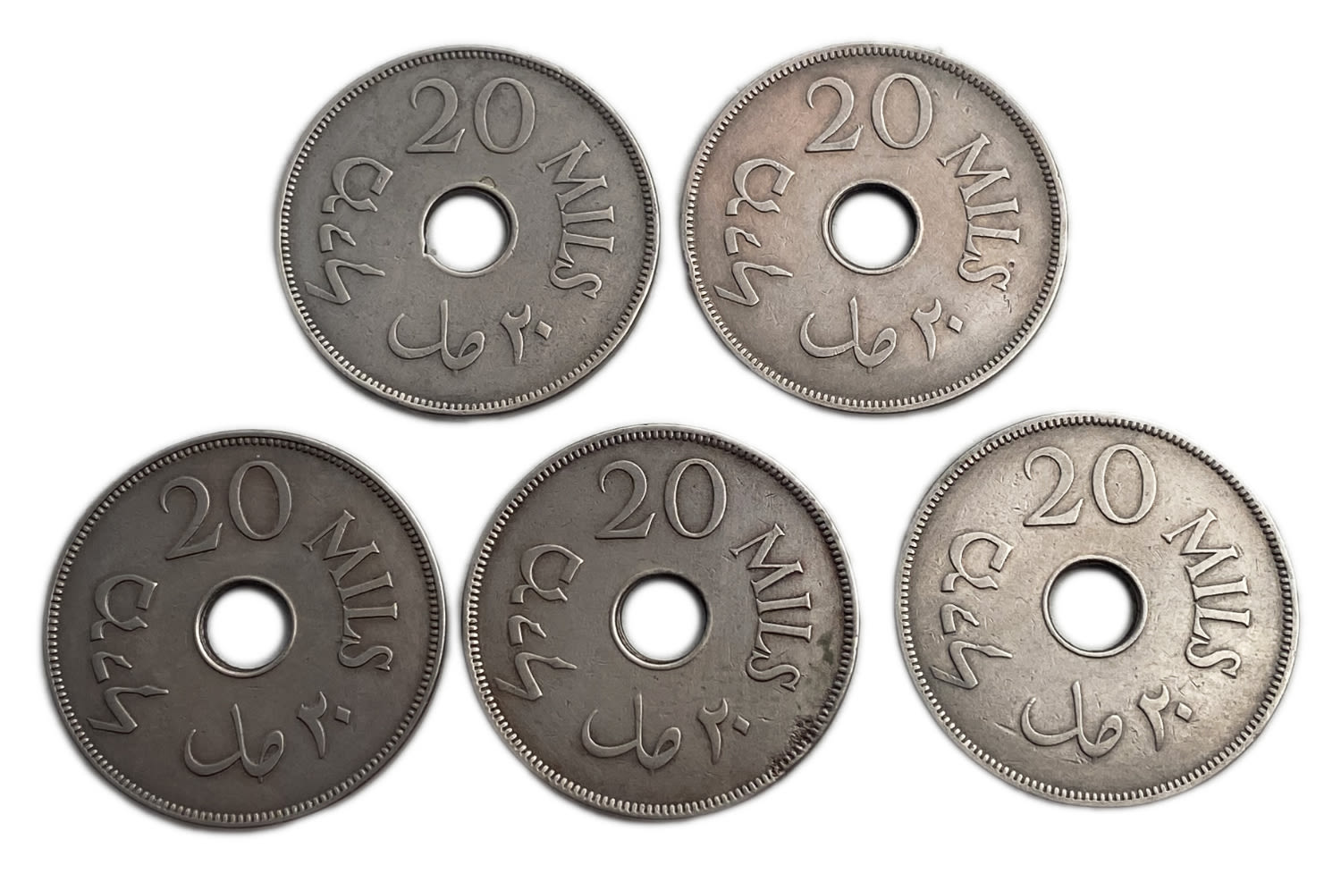 Palestine - Lot of 5 coins of 20 Mils 1935 - VF
MIL, was the Hebrew name of the coin that was legal ... - 1 1