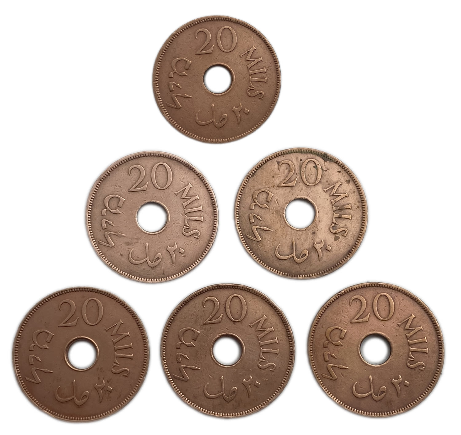 Palestine - Lot of 6 coins of 20 Mils 1942 - VF - Were cleaned
MIL, was the Hebrew name of the ... - 1 1