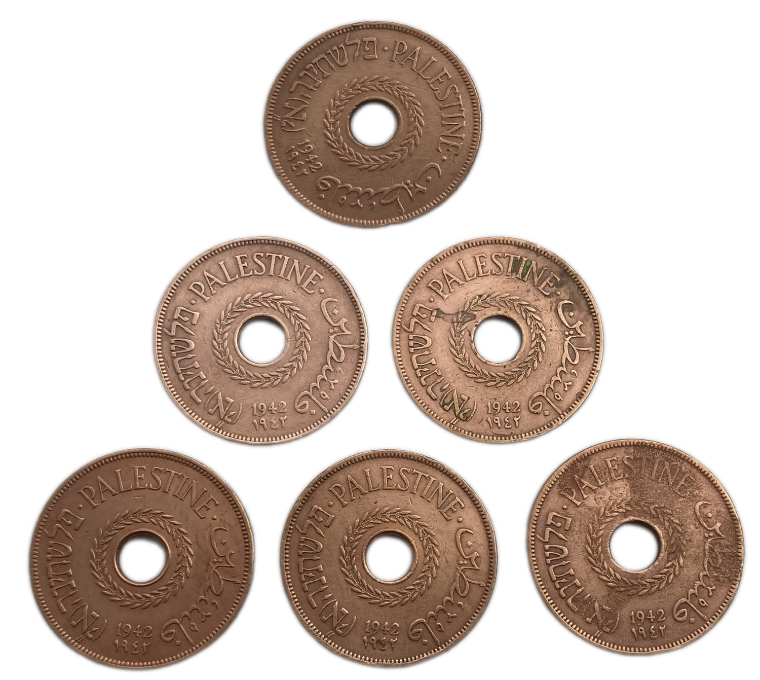 Palestine - Lot of 6 coins of 20 Mils 1942 - VF - Were cleaned
MIL, was the Hebrew name of the ... - 1 0