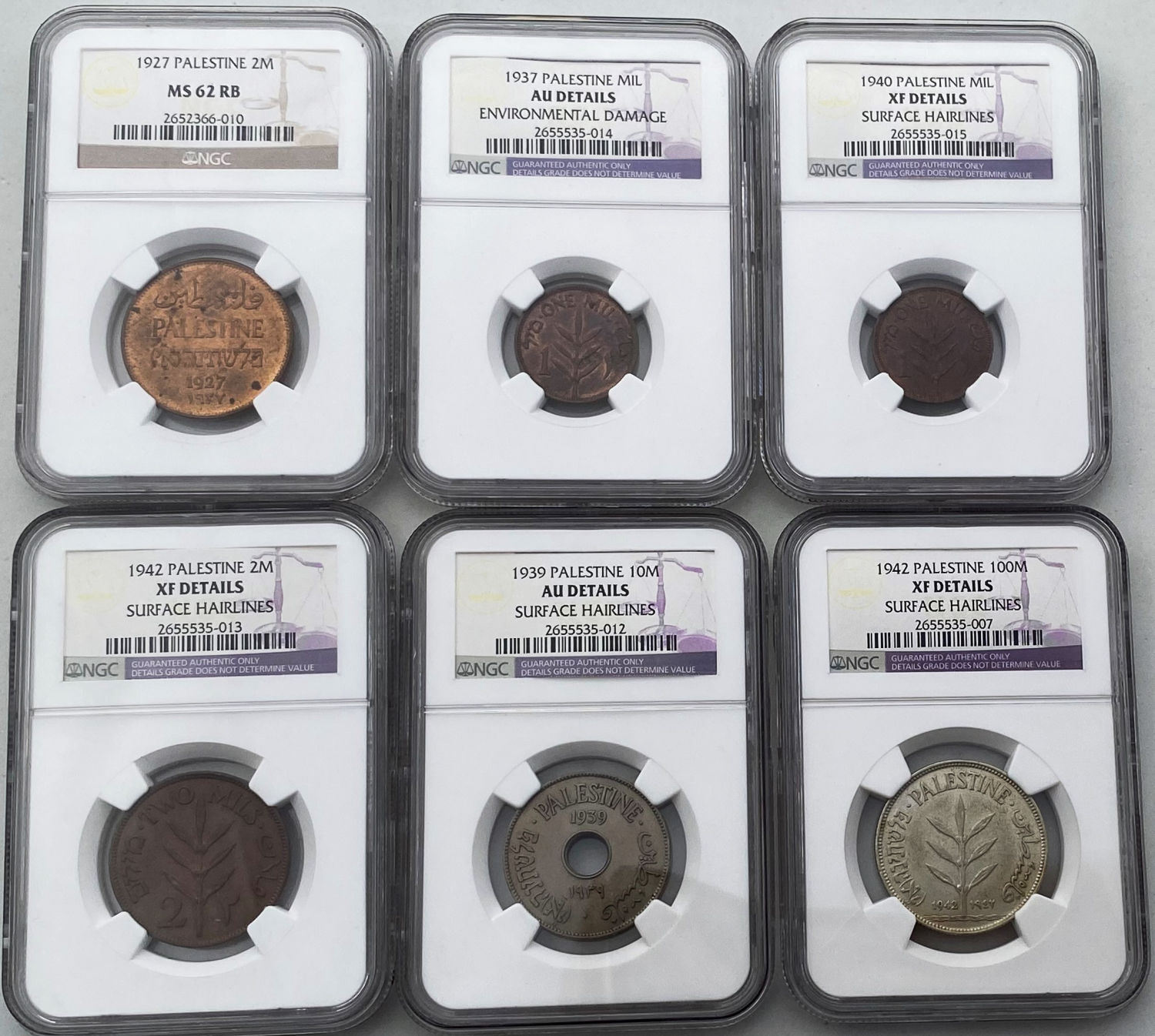 Palestine - a group of 6 British Mandate coins graded by the NGC grading company
1 mil 1940 - NGC XF ... - 1 0