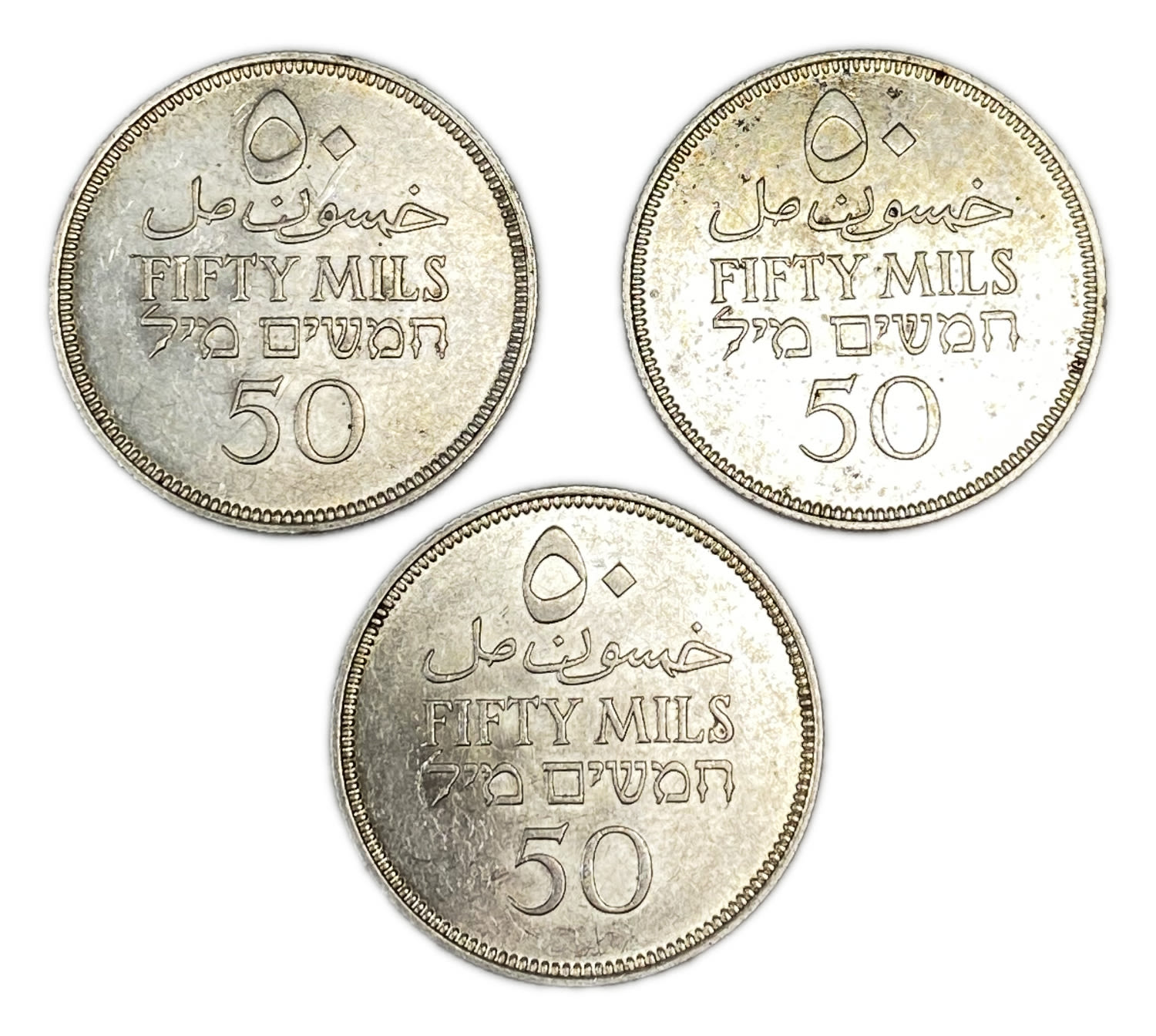 Palestine - Lot of 3 coins of  50 Mils 1939 - AU-UNC
Mil was the Hebrew name of the coin that ... - 1 1