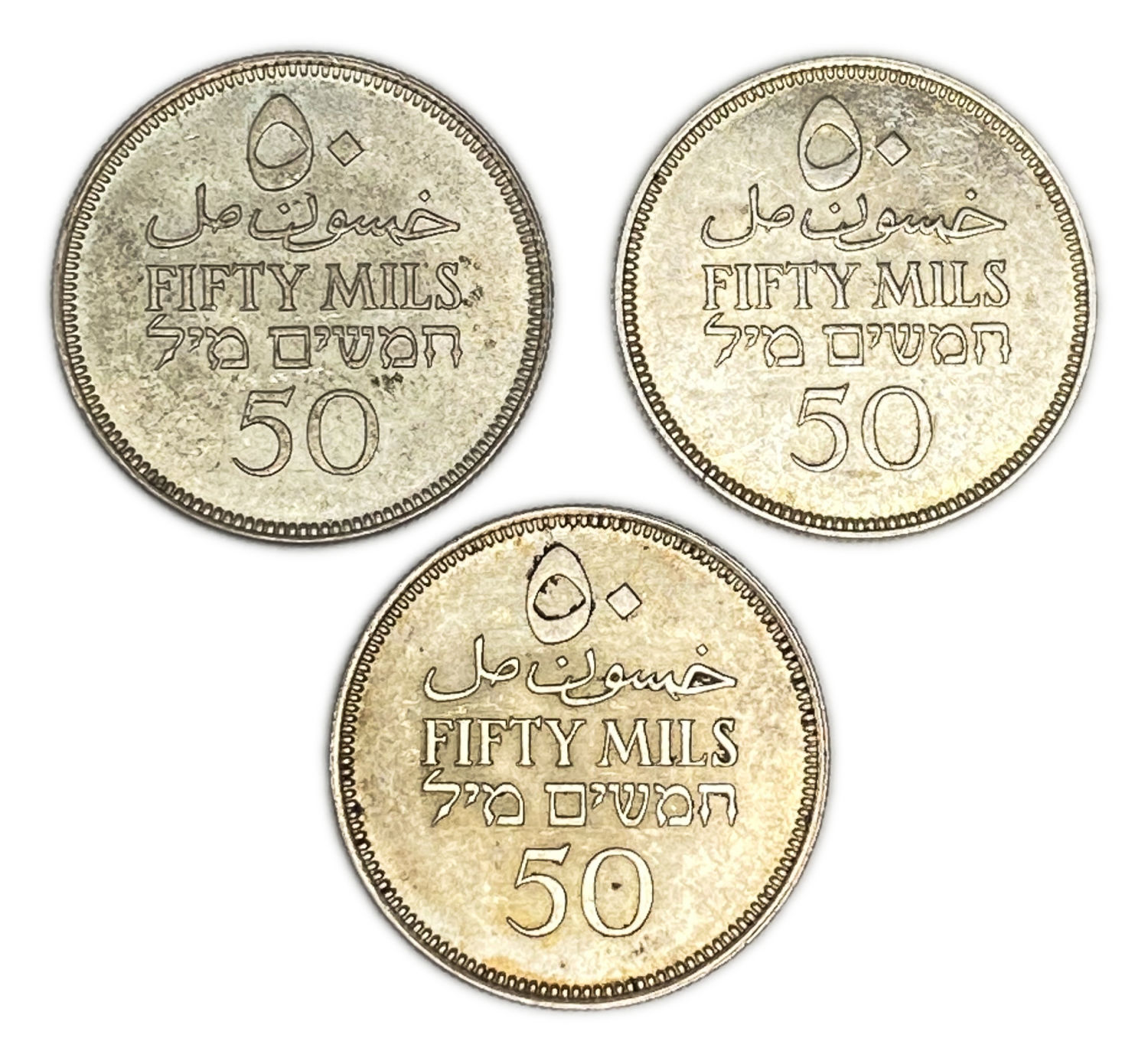 Palestine - Lot of 3 coins of 50 Mils 1935 - AU
Mil was the Hebrew name of the coin that was legal ... - 1 1