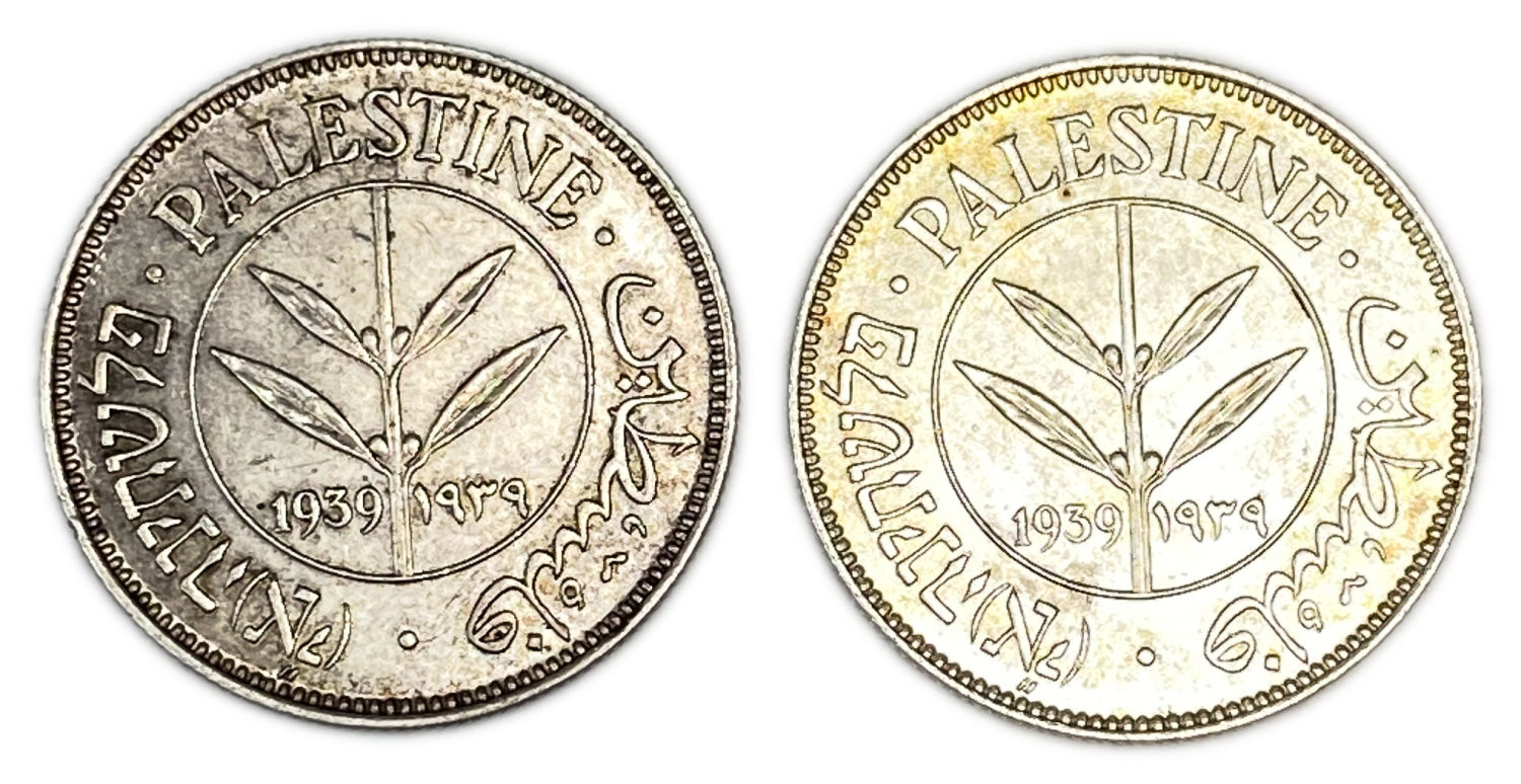 Palestine - Pair coins of 50 Mils 1939 - AU
Mil was the Hebrew name of the coin that was legal in ... - 1 0