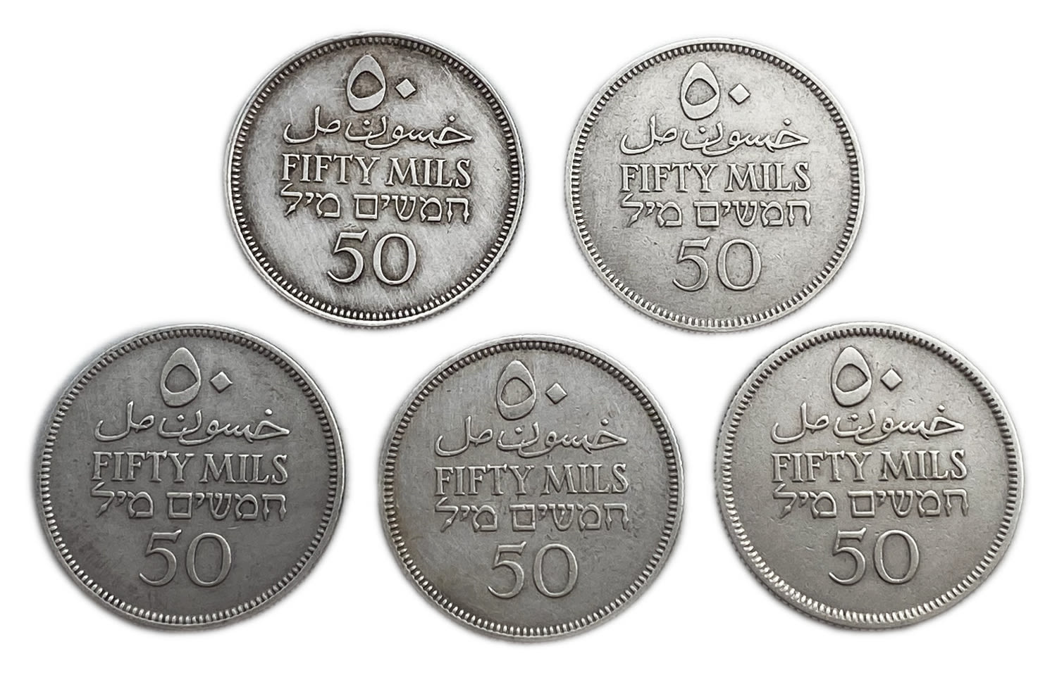Palestine - Lot of 5 coins of 50 Mils 1933, 1935, 1940 - F-VF
Mil was the Hebrew name of the coin ... - 1 1