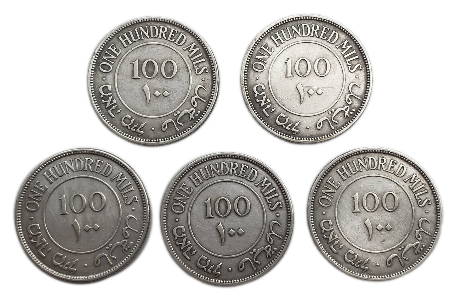 Palestine - Lot of 5 coins 100 Mils 1927, 1935, 1939, 1940 - F-VF
Mil, was the Hebrew name of the ... - 1 1
