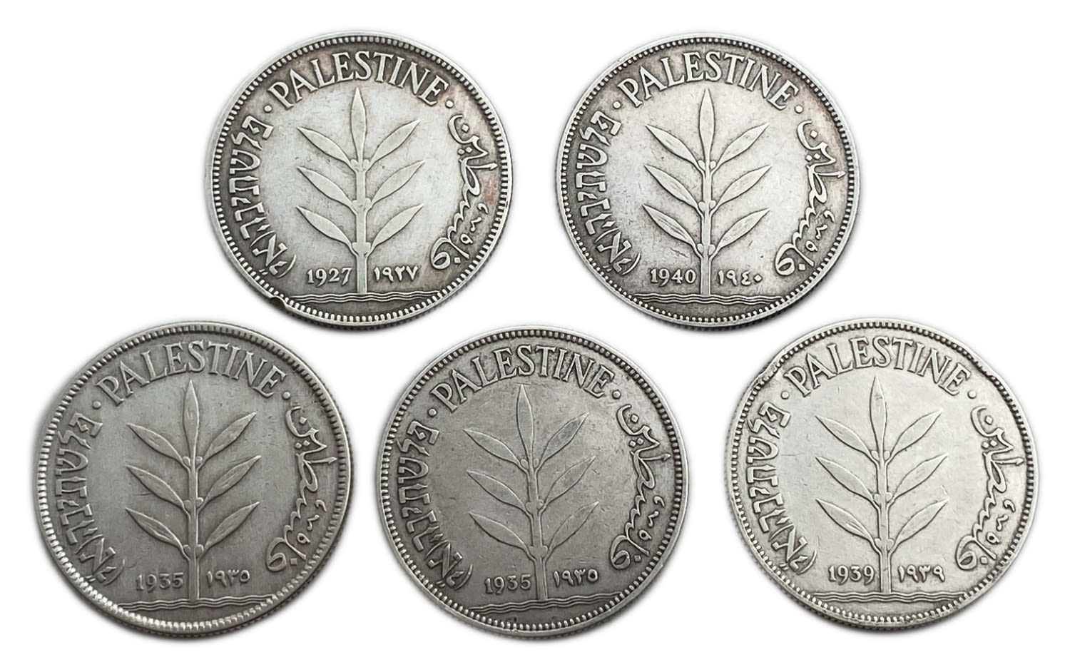 Palestine - Lot of 5 coins 100 Mils 1927, 1935, 1939, 1940 - F-VF
Mil, was the Hebrew name of the ... - 1 0