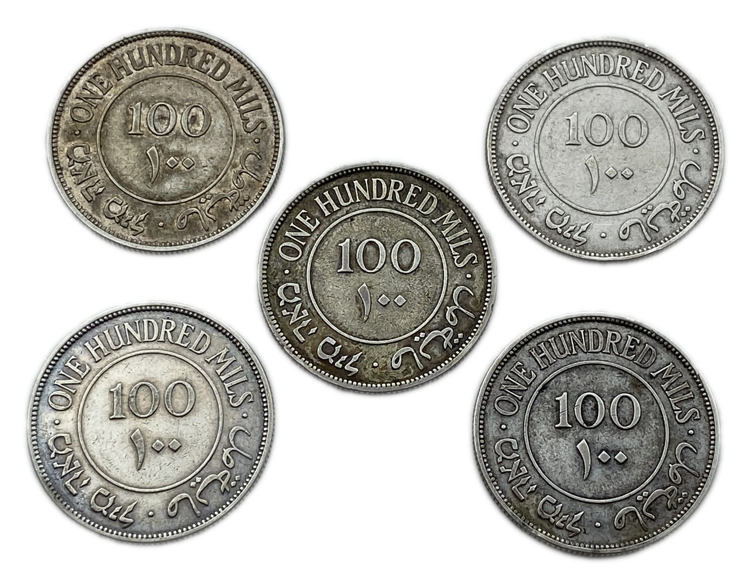 Palestine - Lot of 5 coins 100 Mils 1939 - F-VF
Mil, was the Hebrew name of the coin that was legal ... - 1 1