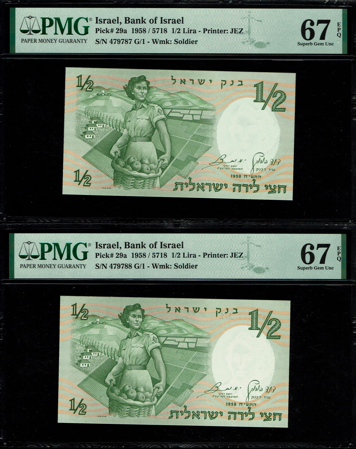 Israel - Pair of banknotes 1/2 (Half Pound) 1958 - Consecutive numbers - PMG 67 EPQ
The first ... - 1 0