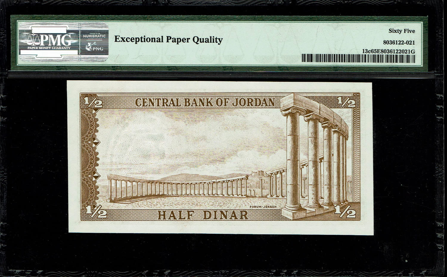 Jordan - 1/2 Dinar 1959 (1965) - PMG 65 EPQ
Obverse: King Hussein at left
Reverse :Jerash ... - 1 1