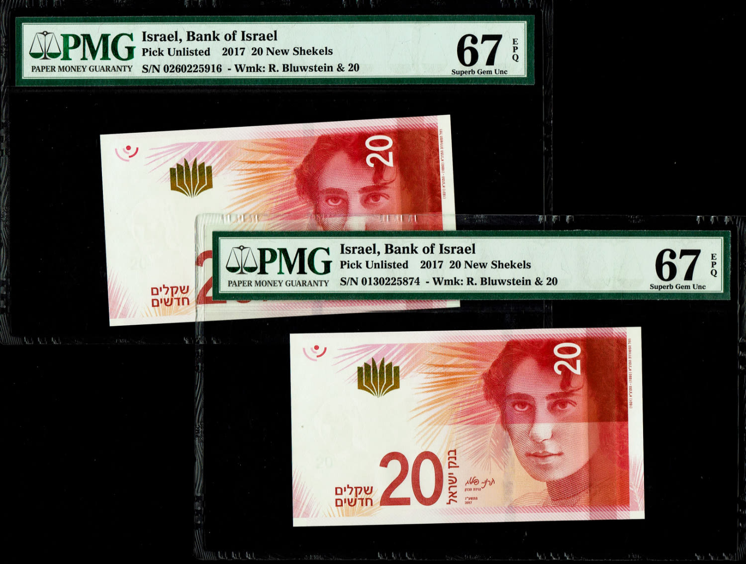 Israel - Pair banknotes of 20 Shekels 2017 - "New Shekel Series C" - PMG 67 EPQ
Front: A portrait of ... - 1 0