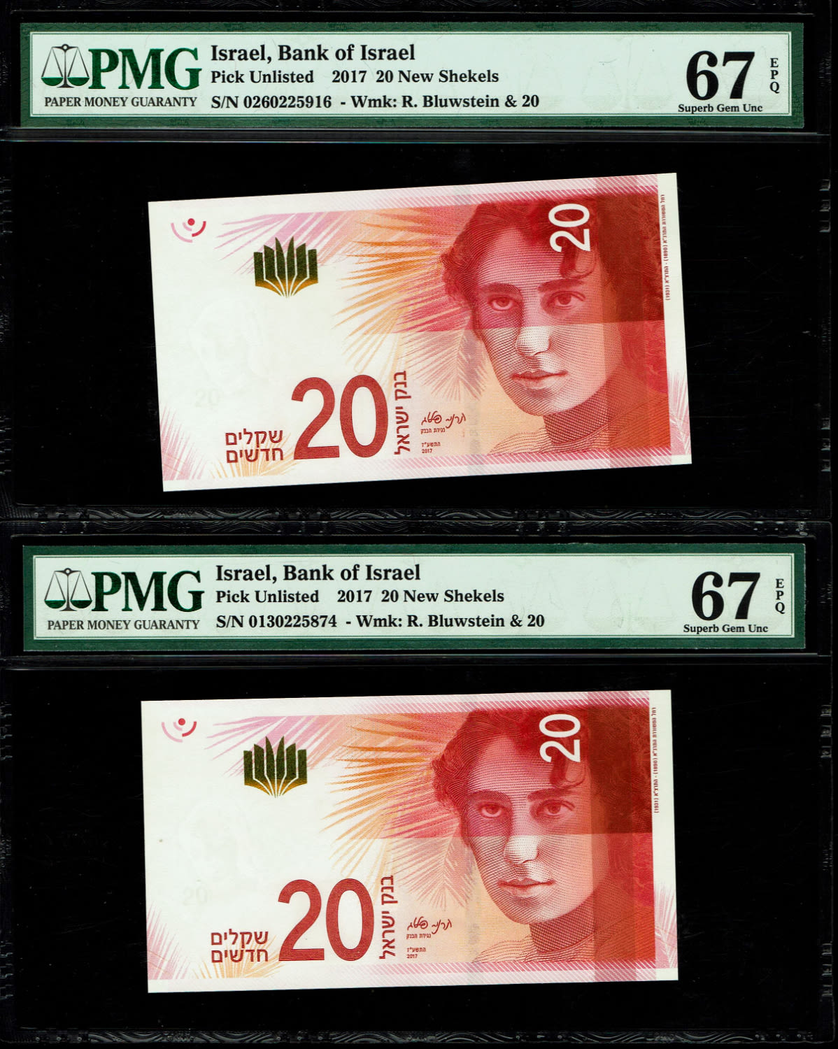 Israel - Pair banknotes of 20 Shekels 2017 - "New Shekel Series C" - PMG 67 EPQ
Front: A portrait of ... - 1 1