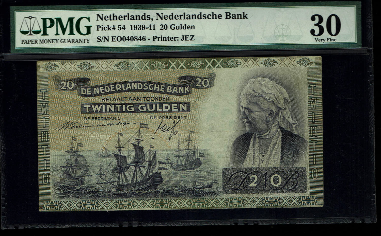 Netherlands - 20 Gulden 1939-1941 - PMG 30
Obverse: Green banknote depicting Queen Regent Emma ... - 1 0